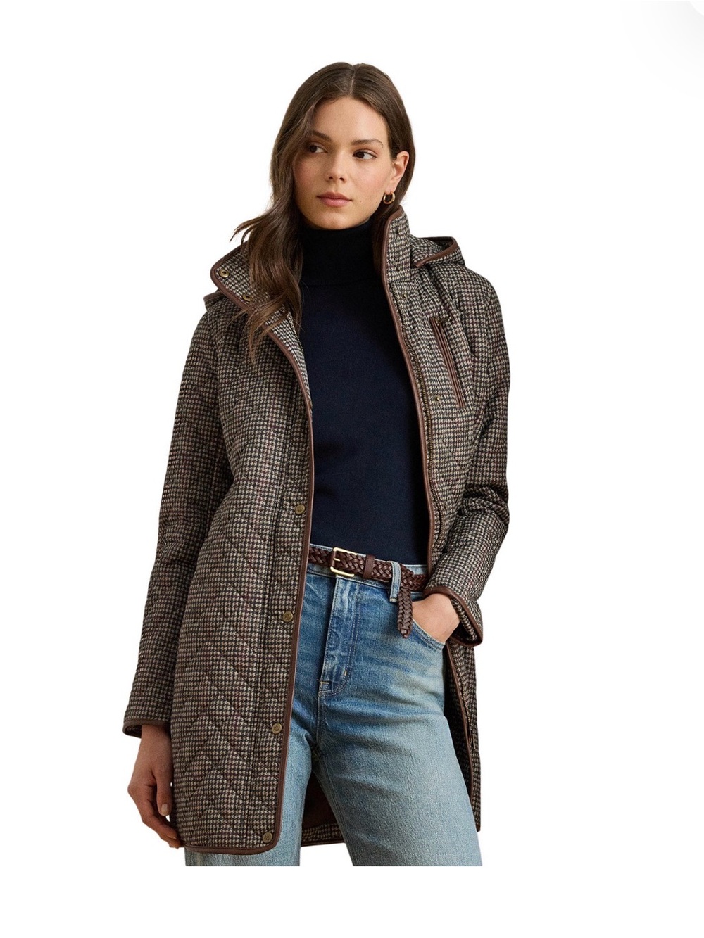 Lauren Ralph Lauren Quilted Plaid Hooded Coat in Brown and Gray